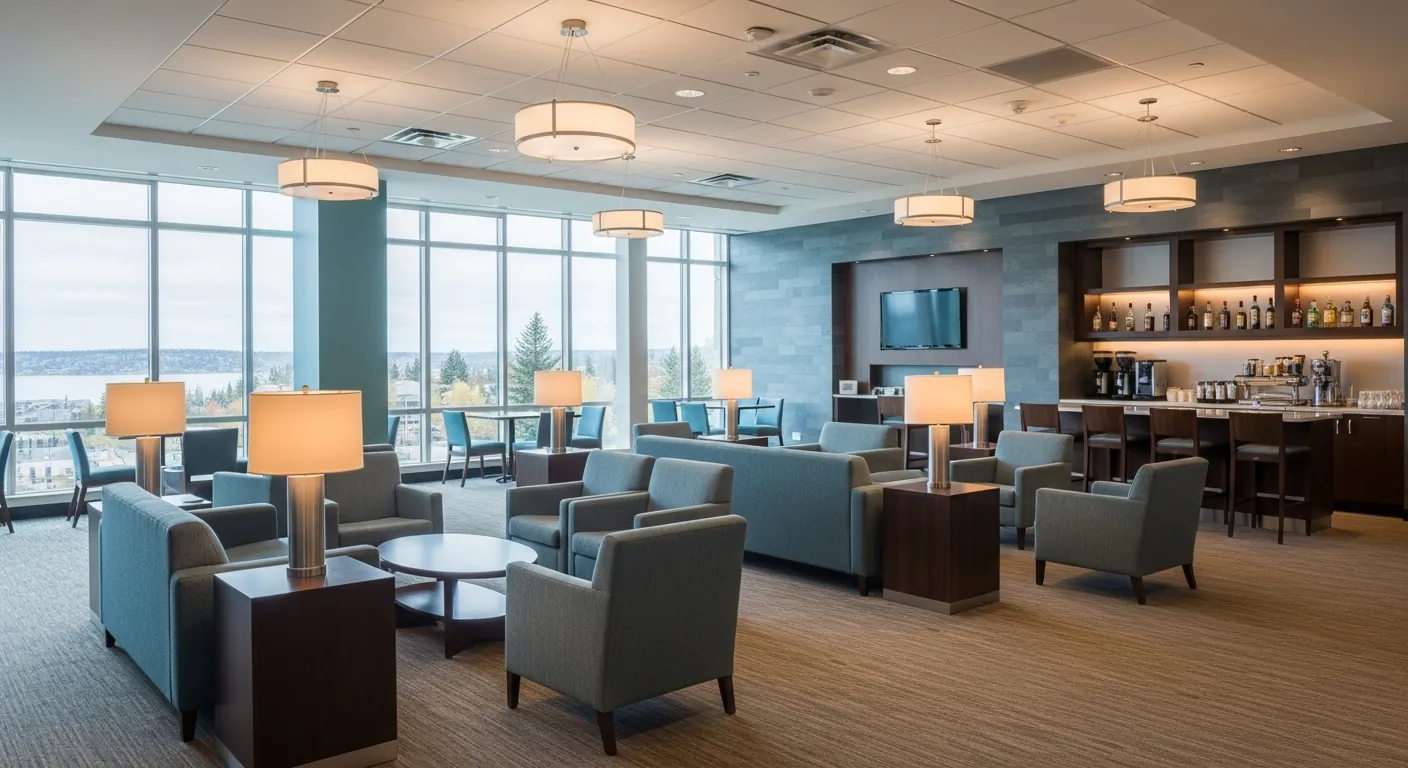 Networking lounge at a conference venue in Arbour Lake, Calgary