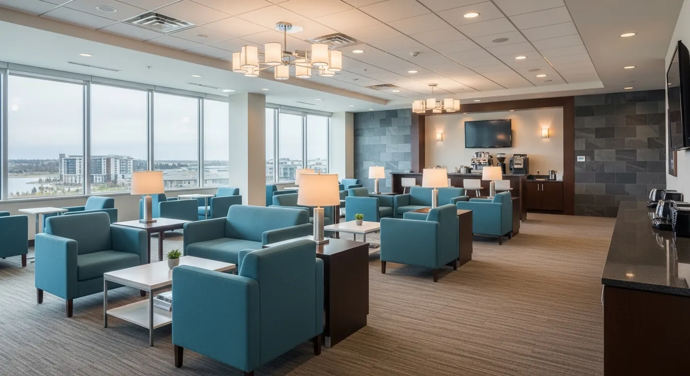 Networking lounge at a conference venue in Auburn Bay, Calgary