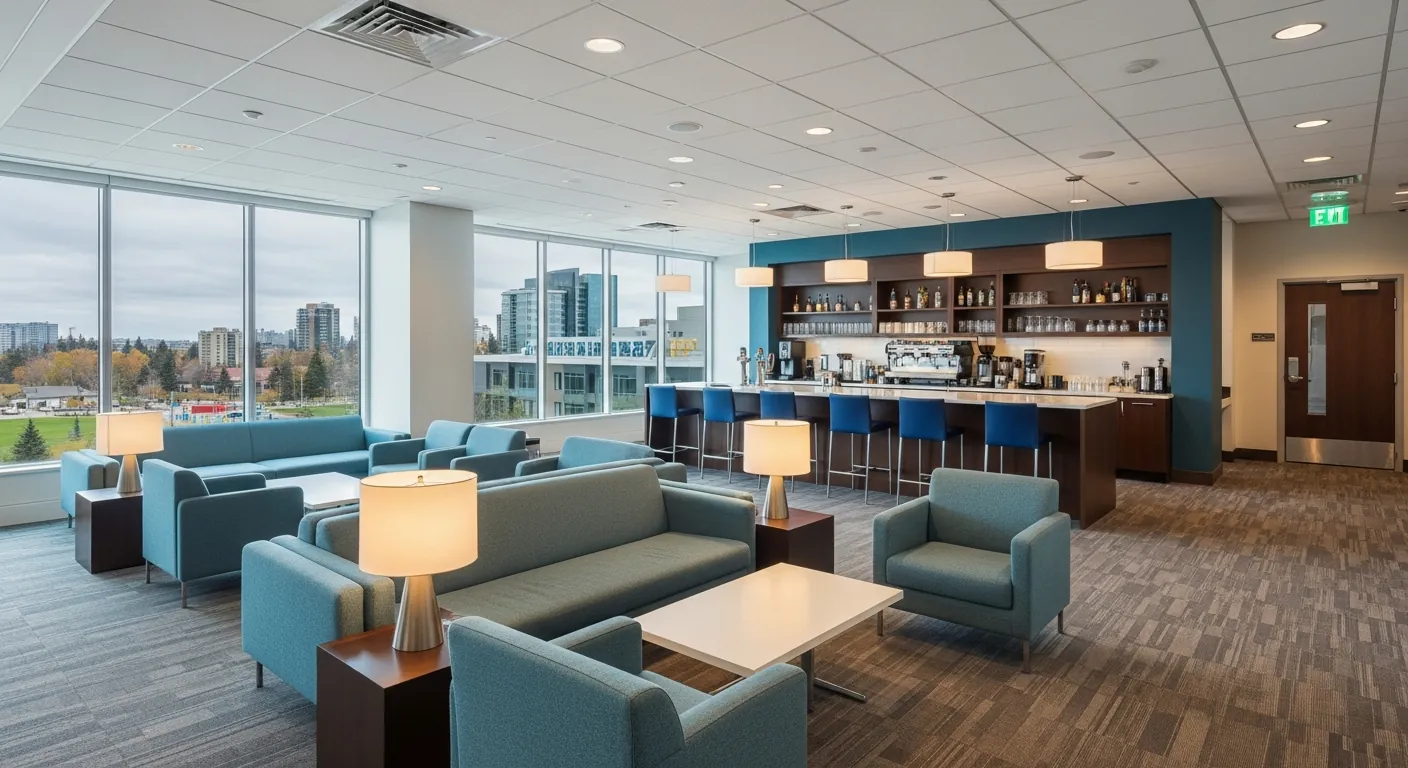 Networking lounge at a conference venue in Bowness, Calgary