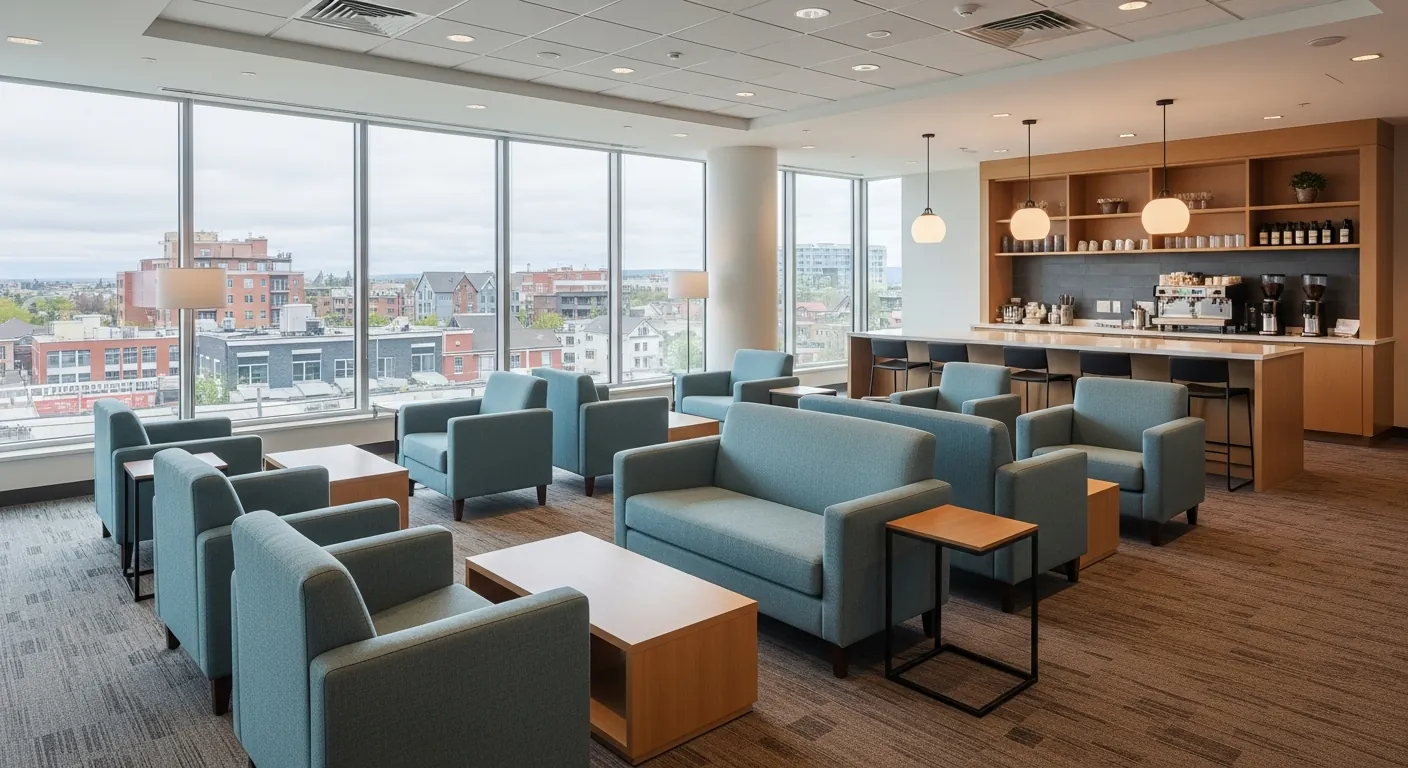 Networking lounge at a conference venue in Bridgeland, Calgary