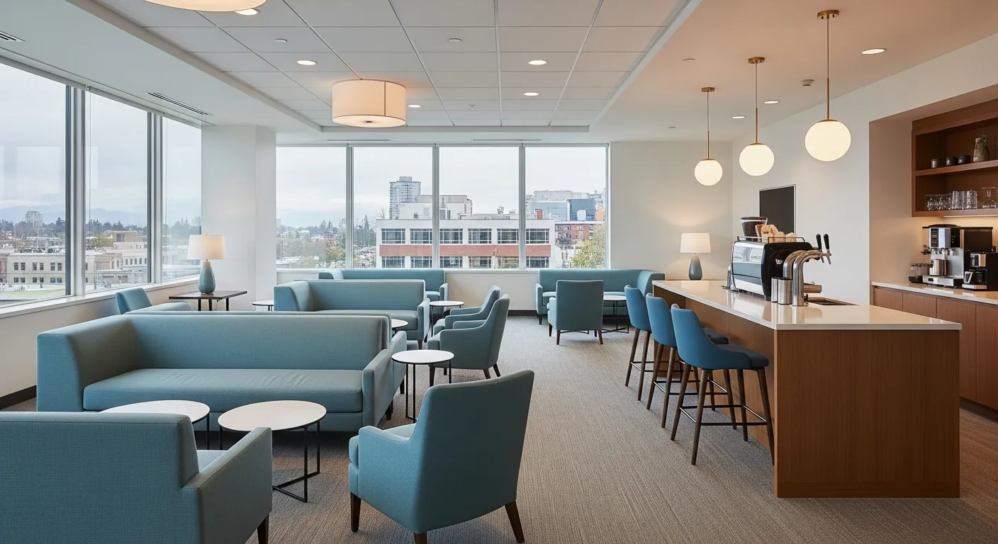 Networking lounge at a conference venue in East Vancouver, Vancouver