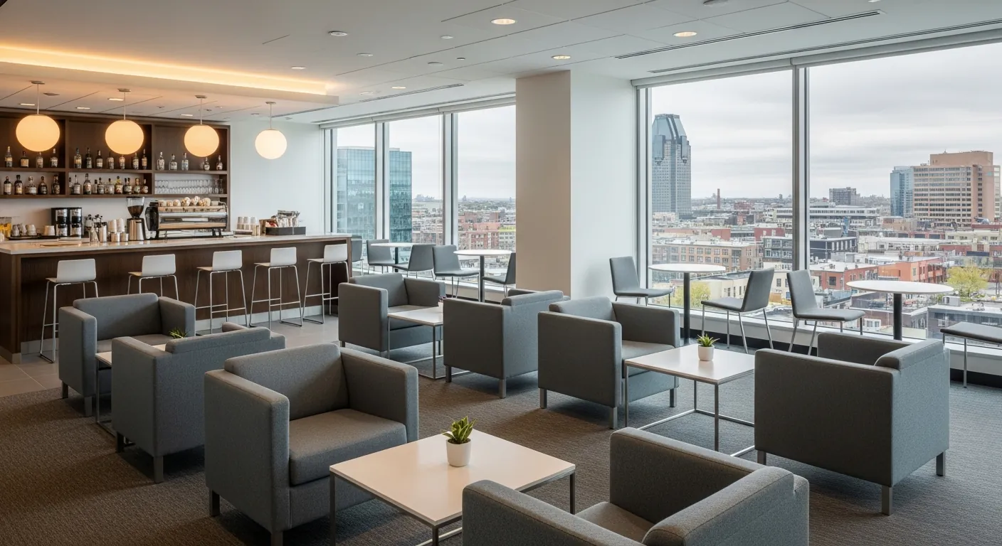 Networking lounge at a conference venue in Griffintown, Montreal