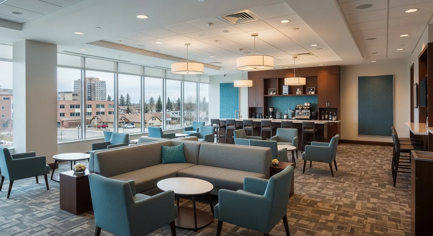 Networking lounge at a conference venue in Kensington, Calgary