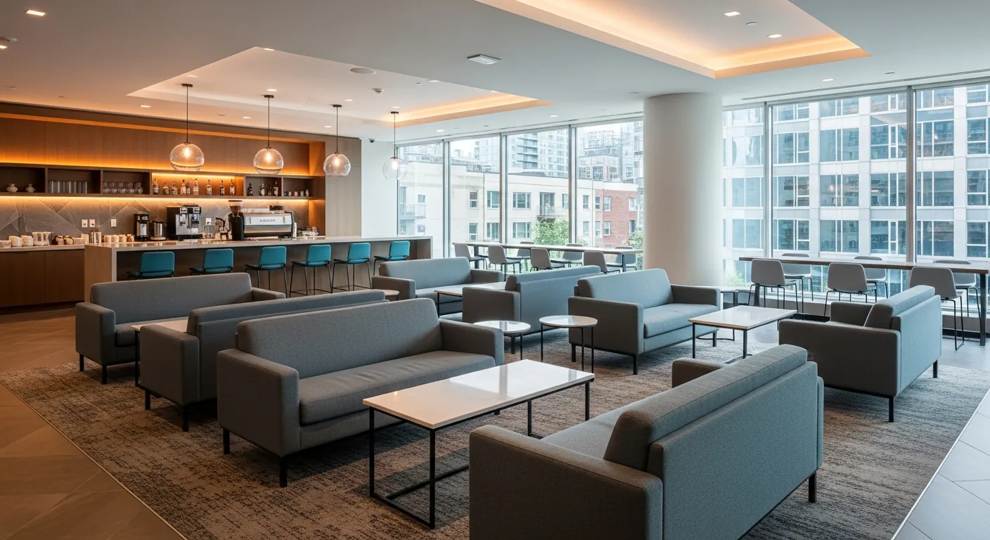 Networking lounge at a conference venue in Leslieville, Toronto