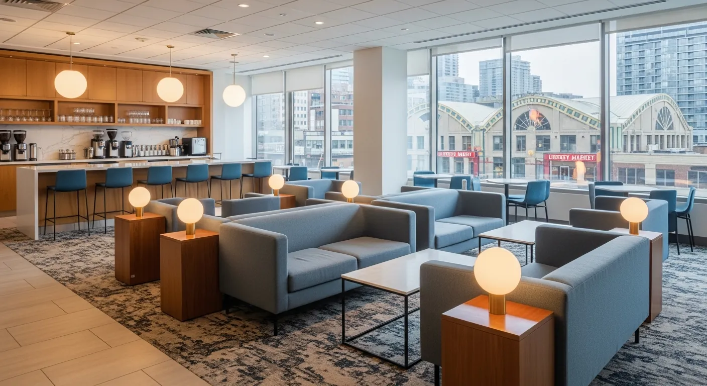 Networking lounge at a conference venue in Liberty Village, Toronto