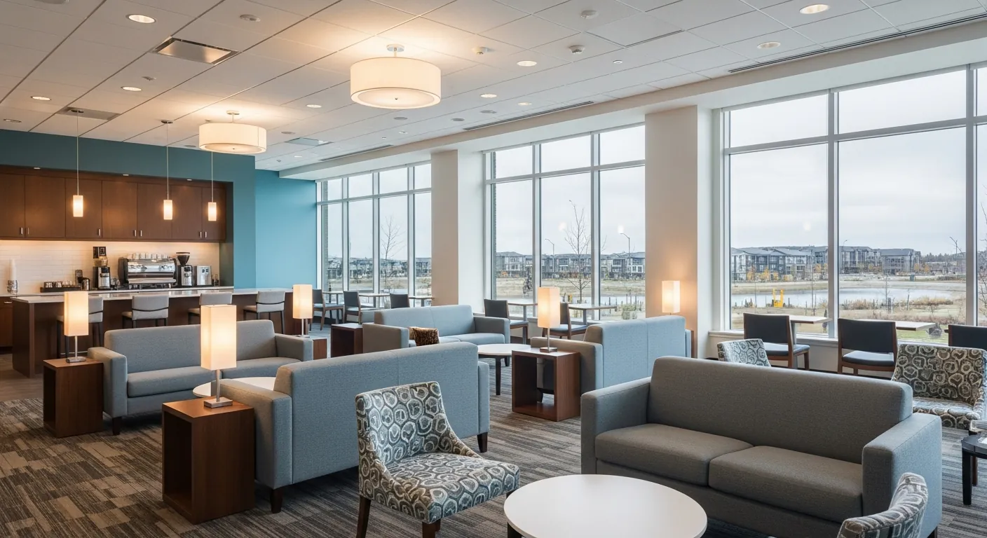 Networking lounge at a conference venue in Mahogany, Calgary