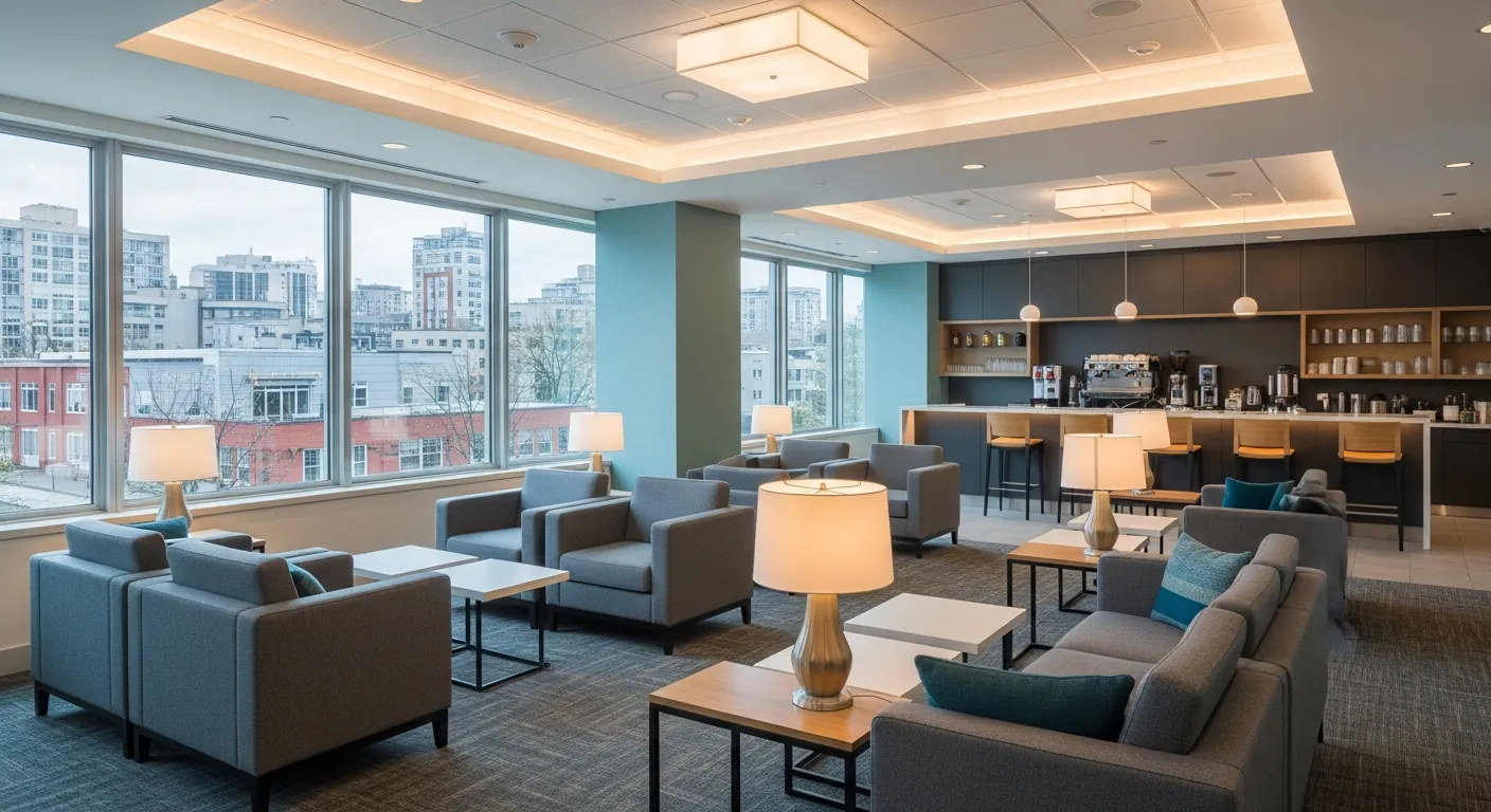 Networking lounge at a conference venue in Mount Pleasant, Vancouver