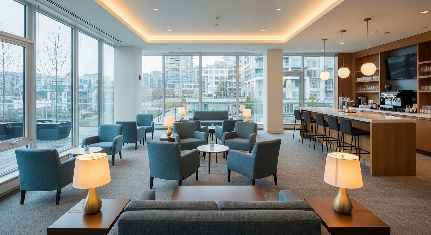 Networking lounge at a conference venue in Olympic Village, Vancouver