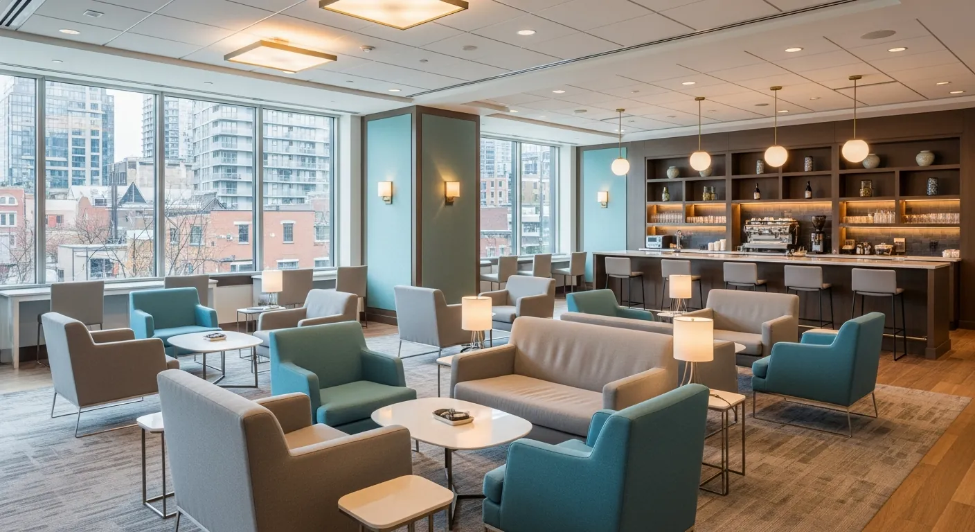 Networking lounge at a conference venue in The Junction, Toronto
