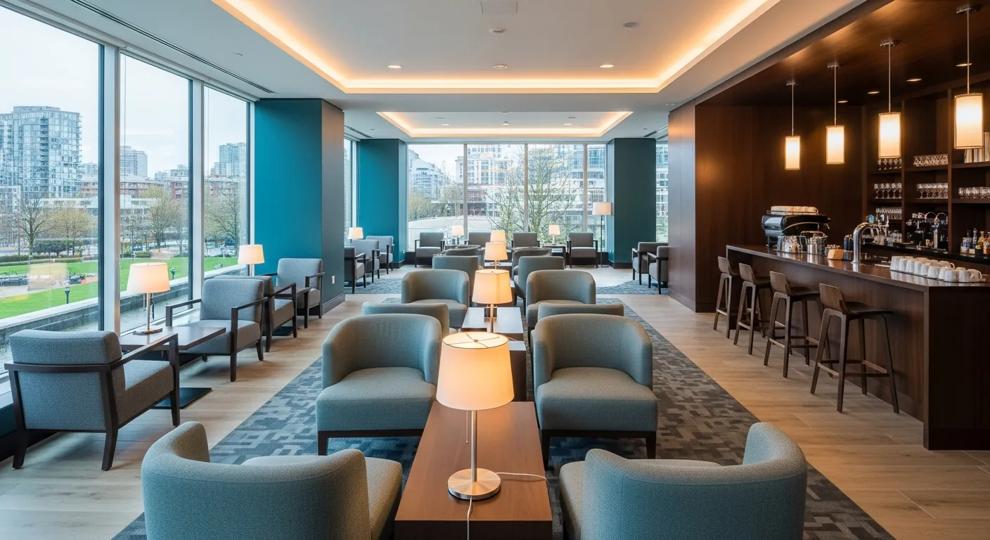 Networking lounge at a conference venue in Yaletown, Vancouver